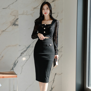 Droma 2025 primavera moda temperamento elegante snellente nero Sexy <span class=keywords><strong>pizzo</strong></span> donna due pezzi gonna abito di alta qualità - Product Image 4