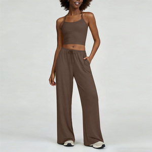 Light Blue Yoga Set Women Tank Top and <b>Wide</b> <b>Leg</b> <b>Pants</b> Two Piece Activewear <b>Lounge</b> Outfit - Product Image 4