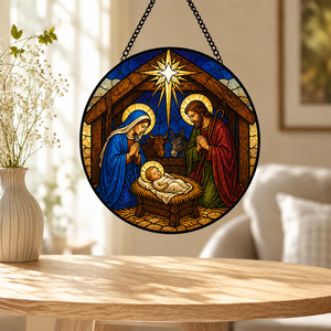 Attrape-soleil en <span class=keywords><strong>vitrail</strong></span> Scène <span class=keywords><strong>de</strong></span> la Nativité Sainte Famille, décoratif biblique, religieux, pour Noël, à suspendre à la fenêtre - Product Image 1