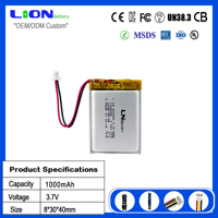 Penjualan Langsung Pabrik Bersertifikat KC CE 803040 3.7V 900mAh/1000mAh Baterai Lithium Polymer 500 Siklus -20~45 Penyimpanan 1