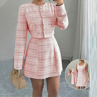 Tenues personnalisées pour femmes en deux pièces, veste courte à manches longues à boutons en tissu écossais et robe mini sans manches, ensembles de robes en tweed pour femmes