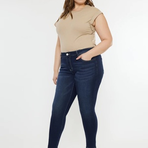 Jeans de mujer de talla grande, de cintura media, lisos, de corte recto, elásticos, casuales, suaves y cómodos, estilo skinny, pantalones pitillo de mezclilla de largo completo para mamá - Product Image 2