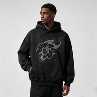 Sweat à capuche vintage délavé doublé sherpa avec motif flamme en strass thermocollés, coupe ample et carrée, style streetwear