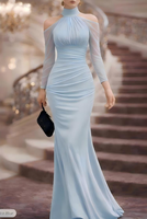 Robe de soirée sirène à col halter et épaules dénudées avec empiècements en maille transparente, froncée, moulante, longueur ras du sol, pour mariage
