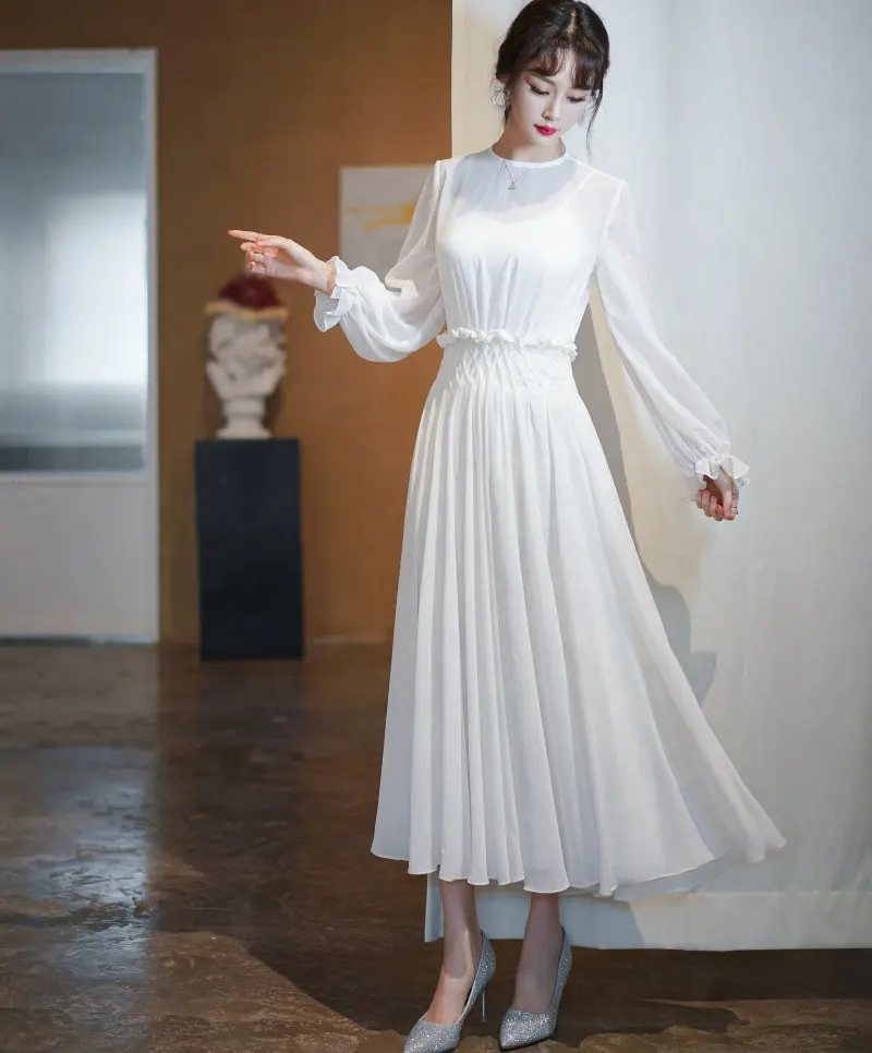 #4224 Gorgeous 2021 New Style Korea O Neck Long Sleeve Chiffon Tea Length Wedding Dress Bridal Gown