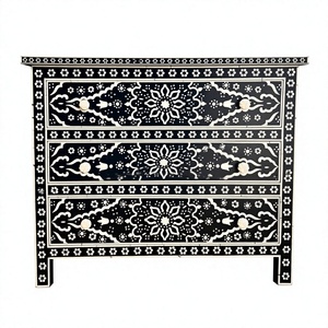Commode et armoire de rangement de luxe en bois massif noir avec incrustations d'os, 3 tiroirs, motif floral traditionnel fait main, pour chambre à coucher - Product Image 1