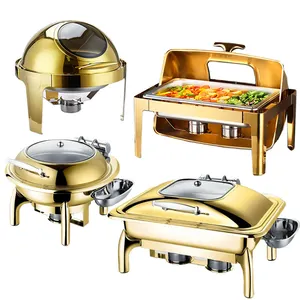 Luxo Ouro Combustível Food Warmer Chafing Pratos Equipamento de restauração do partido Buffet Set Saving Dish Rolo Redondo Top Chafer Dish