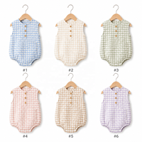 Barboteuse unisexe sans manches en coton et lin à carreaux gingham pour bébé, idéale pour l'été, avec boutons mignons, vente en gros, OEM pour enfants