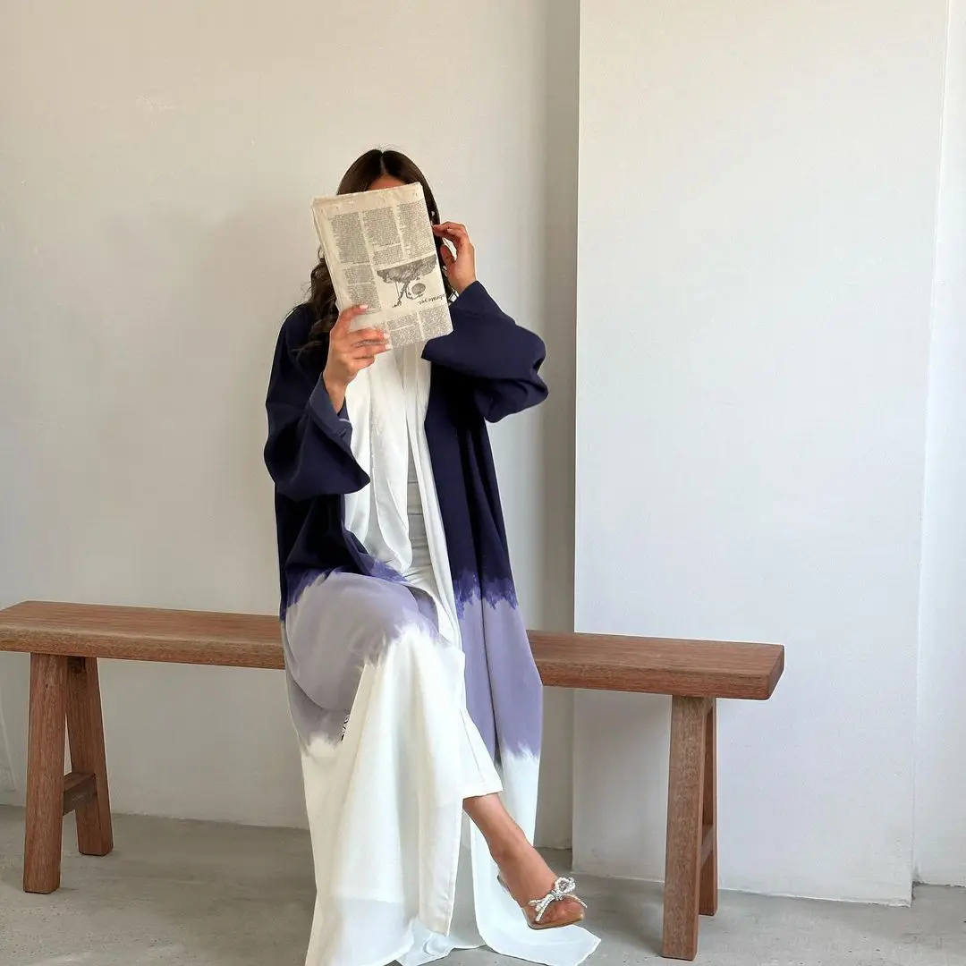 Ensemble Abaya Vêtements Islamiques 2 Pièces Robe Tie-Dye Kimono Kaftan Long Maxi Ouvert Couleur Gradient Femmes Musulmanes Abaya Avec Intérieur