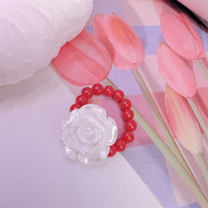 2025 New Imitation Cinnabar <strong>Agate</strong> <strong>Beads</strong> Rose Rings Resin Pearl White Camellia Elastic Women Ring Jewelry Custom - Product Image 4