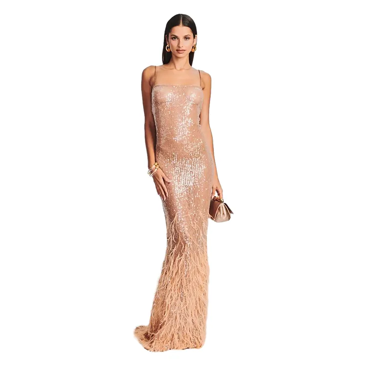Hot Luxury Feather Champagne Color Women's Evening Wedding Strapless Mermaid Long Dresses Party Prom Dresses