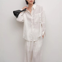 Ensemble chemise et pantalon 2 pièces en lin français, confortable et décontracté, coupe ample et simple, manches longues, en stock usine 2026