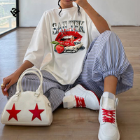 T-shirt court blanc à manches courtes et col rond avec logo personnalisé, épaules tombantes, pour femme, vêtements d'été 2026, streetwear, coupe oversize
