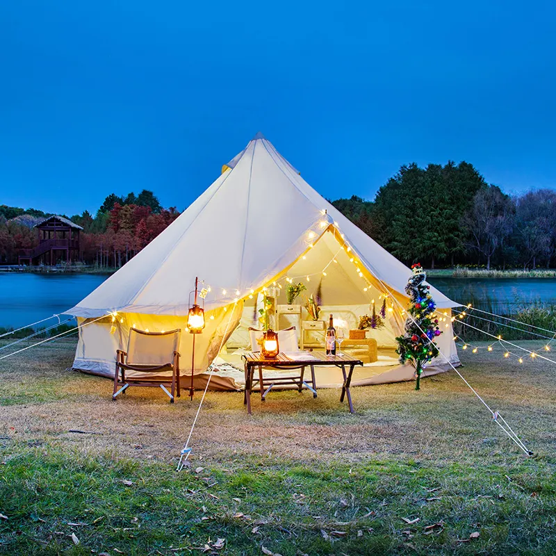 Tente d'extérieur en toile de coton imperméable, 4 saisons, Camping familial, Glamping, tente, sonnette avec moustiquaire, porte