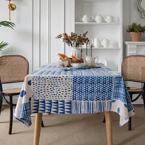 Blue Abstract Geometric Cotton Linen Table Cloth Thickened Rectangular Table Cover Tablecloth Woven Square Plant Modern 10 Pcs