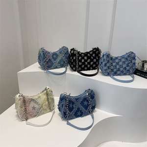 Vintage <b>Washed</b> Denim Patchwork Underarm <b>Bag</b> for Women - Product Image 1