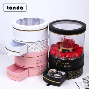 Tondo doppels chichtige rotierende runde Valentinstag PVC transparente Luxus blume Geschenk box mit Schublade