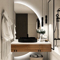 Miroir de salle de bain intelligent LED demi-lune CF avec contrôle tactile, gradation, 3 couleurs, affichage de l'heure, anti-buée, miroir mural décoratif