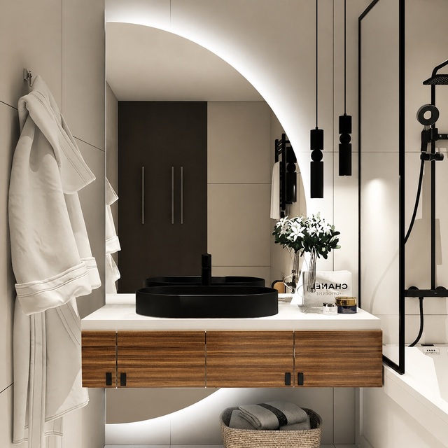 CF Half Moon Semi Circle Touch Control Dimmable 3 Colors Time Display Anti-Fog Smart LED Bathroom Mirror Bath Wall Mirror Decor