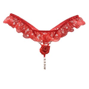 Ding Zhi Mei Sexy Lace <b>Thong</b> With Pearl Rose Chain Women's Intimates Accessory Black Red Purple Green White <b>Seamless</b> Style - Product Image 3