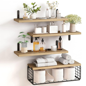 Étagère Flottante Murale en <span class=keywords><strong>Bois</strong></span> avec Panier de Rangement en <span class=keywords><strong>Métal</strong></span>, <span class=keywords><strong>Porte</strong></span>-rouleaux de <span class=keywords><strong>Papier</strong></span> <span class=keywords><strong>Toilette</strong></span> pour Salle de Bain, Chambre et Salon - Product Image 1