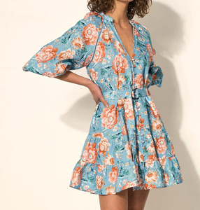 Vestido de lino informal para mujer con cuello en V estampado bohemio estilo festivo linterna manga corta Mini vestidos gran oferta cinturón para la temporada de primavera - Product Image 1