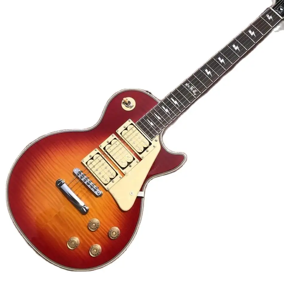 Acee Frehley gitar listrik Tiger Maple atas Cherry Sunburst akustik Headstock tiga Humbucker pickup Rosewood Fingerboard