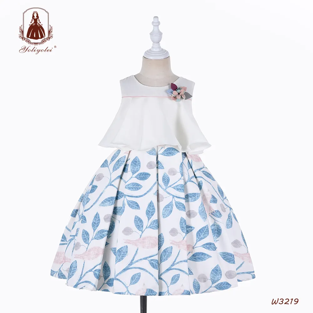 2020 verão Nova Top Branco Azul Folha Impresso Saia Inchado 5-9 Dos Miúdos Vestidos Para Meninas Anos
