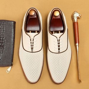 Chaussures habillées en cuir véritable pour hommes, style Oxford à bout pointu, à lacets, respirantes, pour le bureau et la carrière, style été - Product Image 1