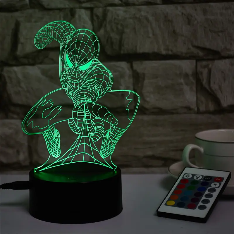 Spiderman Lampu Meja Kecil 3D LED, Lampu Malam Led Kendali Jarak Jauh Warna USB Hadiah Kreatif untuk Dekorasi Rumah