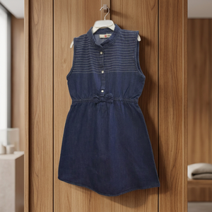 Robe en jean sans manches pour filles, imprimée avec nœud, broderie sur la poitrine, coton polyester, fabrication ODM au Bangladesh, service FOB OEM, échantillon en 7 jours - Product Image 3