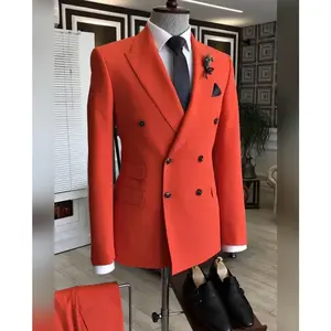 MTM alta calidad Coral rojo hombres trajes boda esmoquin traje de negocios Casual doble botonadura Slim Fit hombres Blazer pantalón