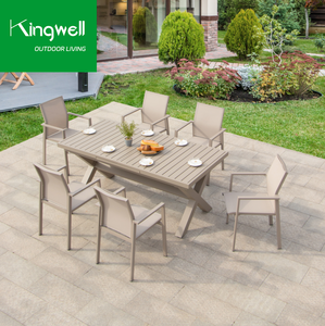 Design moderno esterno in alluminio Set da pranzo Patio balcone mobili da caffè <span class=keywords><strong>con</strong></span> tavolo da pranzo in legno e 6 <span class=keywords><strong>sedie</strong></span> per uso ristorante - Product Image 6