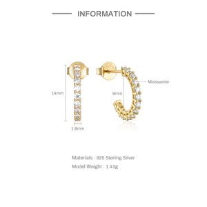 Aretes CANNER Simples de Plata Esterlina S925 con Moissanita en Forma de C, Clásicos para Mujer, Aretes Finos para Boda - Product Image 2