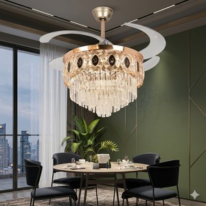 Ventilateur de plafond LED doré haut de gamme avec lustre en cristal, pales rétractables, télécommande, moteur silencieux, décoration de luxe - Product Image 4
