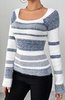 Suéter Casual de Estilo Europeo Americano para Mujer, Otoño Invierno, Tejido Suave, Cuello Cuadrado, Diseño a Rayas, Colores Contrastantes