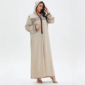 두바이 Abaya Djellaba 모로코 카프 탄 여성 수 놓은 브레이드 긴 소매 이슬람 Hijab 맥시 드레스 가운 아랍어 이슬람 옷