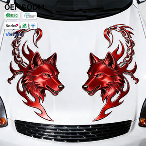 맞춤형 메탈릭 레드 불꽃 늑대 자동차 후드 스티커 대칭형 사나운 동물 데칼 차량 외부 스타일링용 - Product Image 1