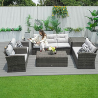 Ensemble de canapé de table carrée d'extérieur tissé en rotin Table à manger et chaise Canapé de jardin confortable à sept places