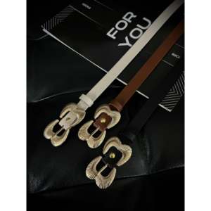 Cinturón de Cuero Genuino con Doble Hebilla Dorada, Cinturón Casual de Piel de Vaca para Mujer, Hebilla en Forma de Doble Punta - Product Image 2