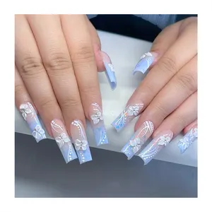 Fashion Long Coffin Colorful Faux Nails Transparent Tips Handmade White Butterfly Bow Grass Top Paint Light Color Fake Nails