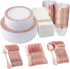Одноразовые пластиковые тарелки из розового золота, наборы чаш для вечеринки, салфетки из серебра, посуда для свадьбы
