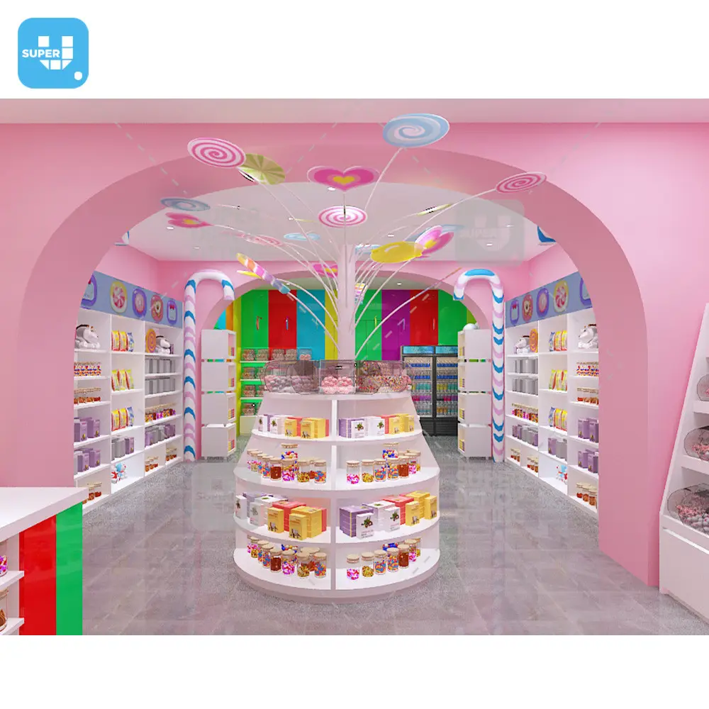 사탕 나무 선반 사탕 가게 전시 가구를 가진 주문 다채로운 디자인 사탕 상점 실내 진열대