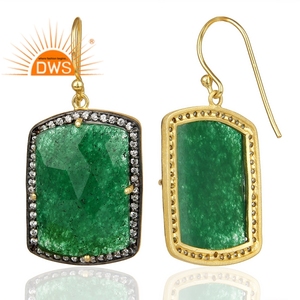 Zircon Green Aventurine Gemstone Earring Square Shape Gold Plated Silver Earrings Manufacturer Supplier - Product Image 3