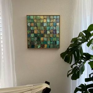 Peinture à l'huile abstraite originale en mosaïque d'émeraude, art mural carré texturé vert, peinture sur toile neutre pour la décoration du salon - Product Image 4