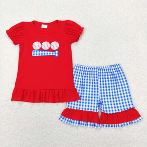 Ensemble décontracté brodé écologique pour enfants : haut rouge et short à carreaux assorti – Vêtements assortis pour frères et sœurs en gros - Product Image 3