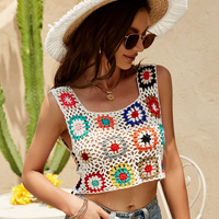 Camisole d'été personnalisée de style ethnique, à bretelles au nombril crochetées à la main, col carré court, fleurs contrastées, ajourée, petite