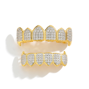 AceWings G026 Bling Bling Full CZ Hip Hop Géométrique Plaqué Or/Argent <span class=keywords><strong>Grilz</strong></span> Top & Bottom 6 Dents pour Unisexe/Femme/Homme - Product Image 1