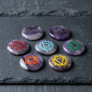 Amethyst <b>Chakra</b> Symbol Stones <b>Set</b> Handmade <b>Crystal</b> Reiki Healing Circle Shape Art Collectible Amethyst Engraved <b>Chakra</b> Symbol - Product Image 2