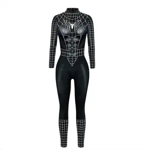 Cosplay Halloween wanita seksi warna merah biru laba-laba & jaring laba-laba cetak Jumpsuit klasik heroik Disfraz Spiderman Bodysuit